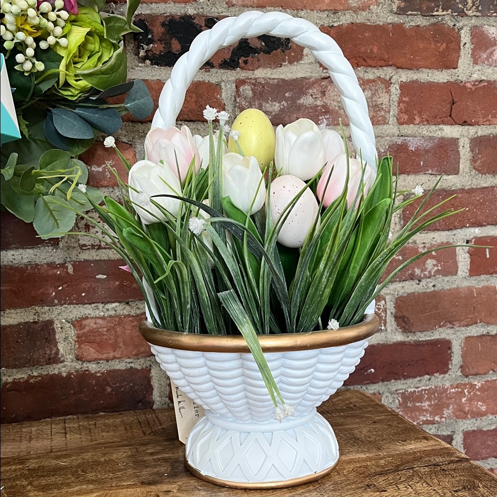 Nicole Miller White Basket Planter with Pink & White Tulips and Pastel Eggs